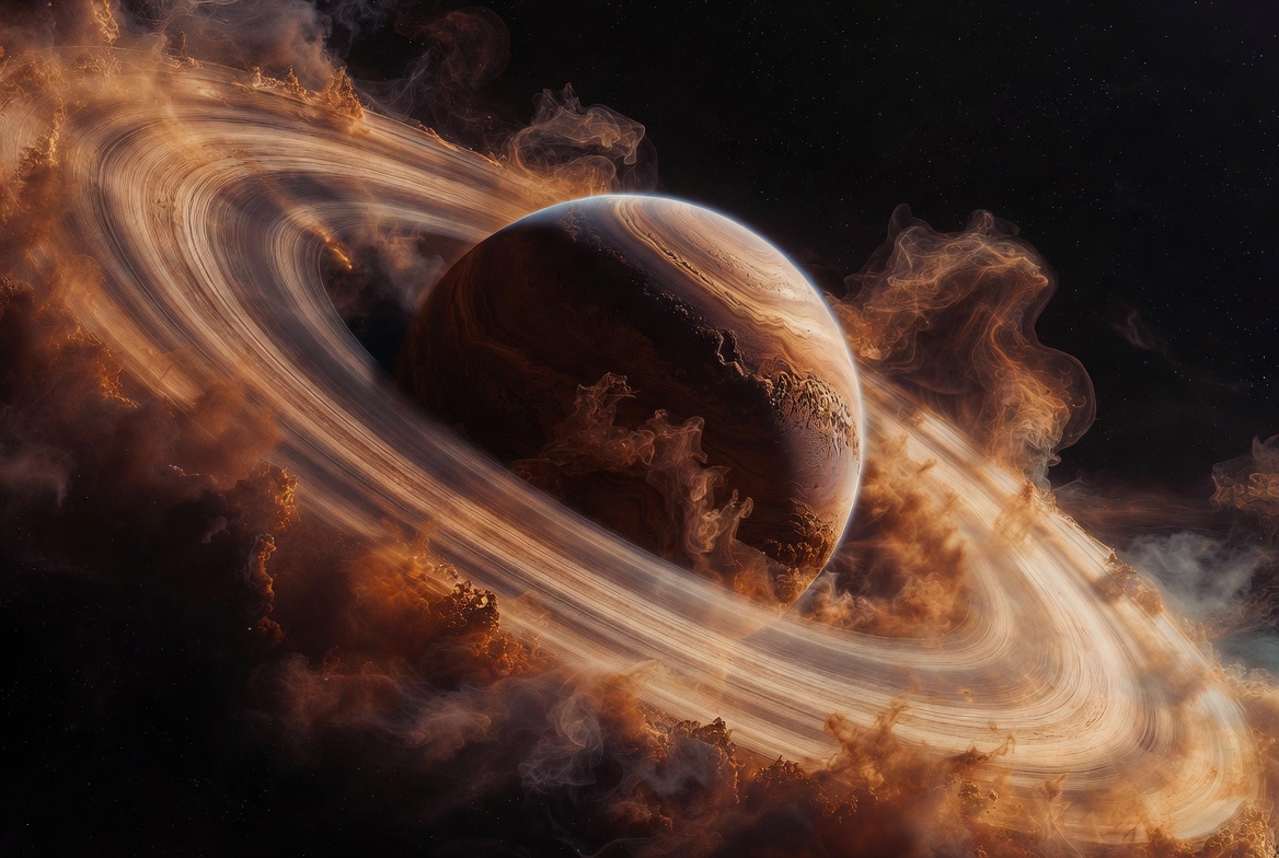 Ringed planet with golden nebula